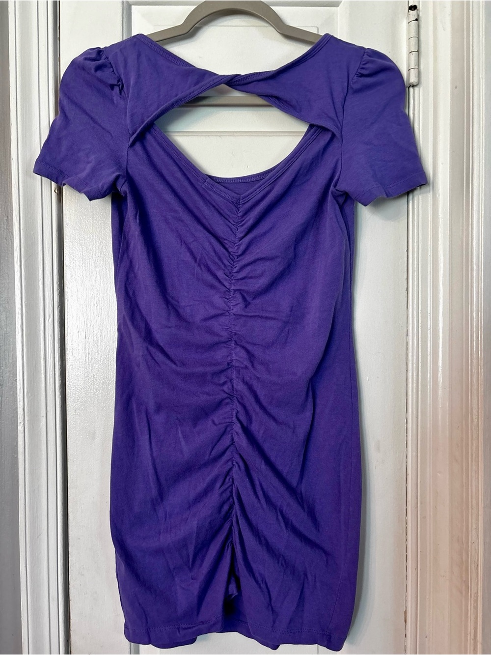 Women’s Sexy Sleek Purple Ruched Back Short Sleeve Shirt/ Dress size L